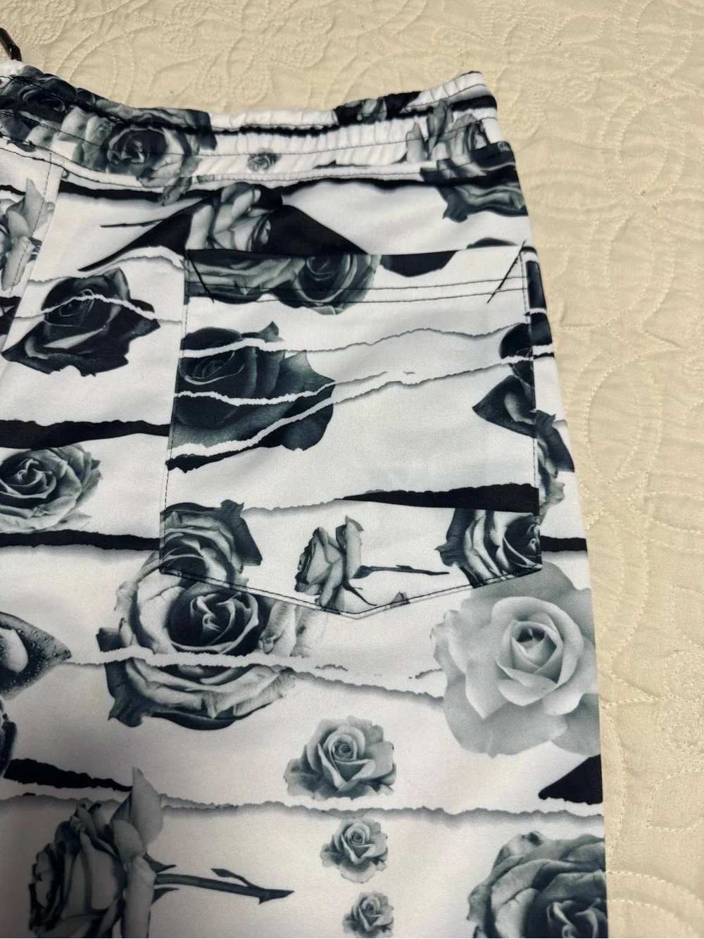 Men's Black & White Rose-Print Swim Board Shorts